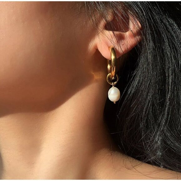 Fresh Water Pearl Drop Earrings, Charm and Trendy Gold Plated Earrings - Picture 6 of 7
